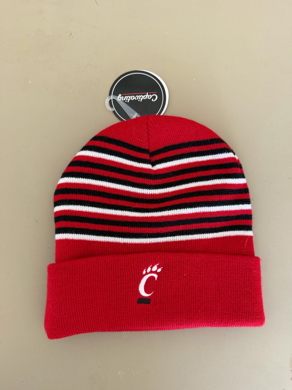 Red Striped Beanie with Black & White Accents